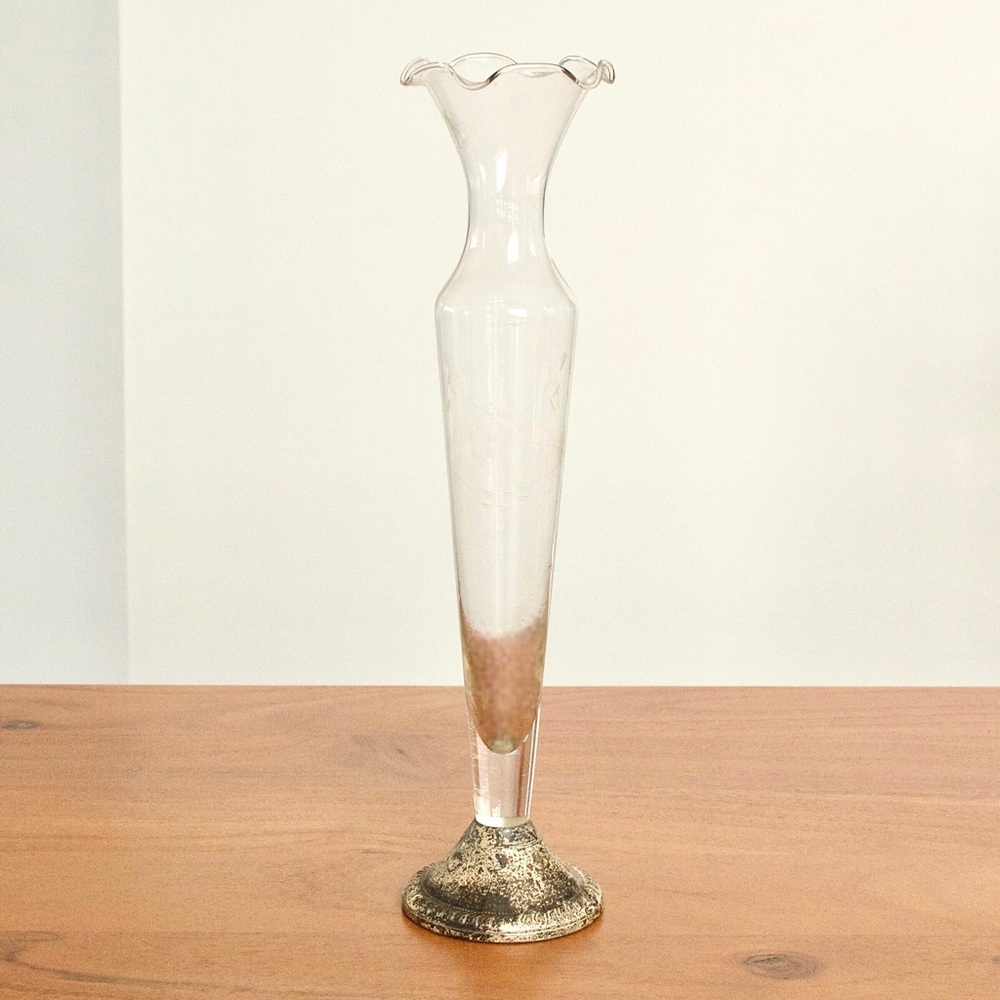 Vintage Duchin Creation Bud Vase Etched Floral Glass Sterling Silver Base